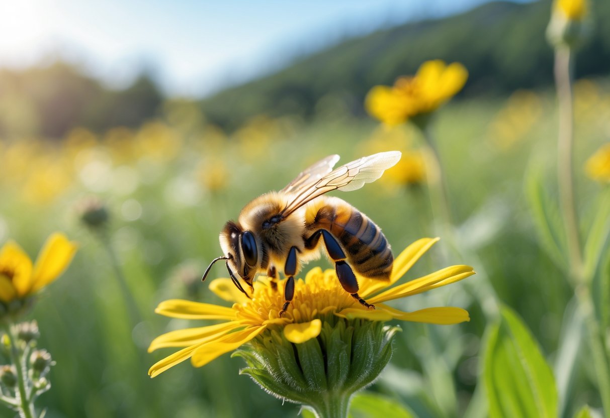 A close-up of a bee sitting on a yellow flower in a meadow with blurred wildflowers and green plants in the background.
