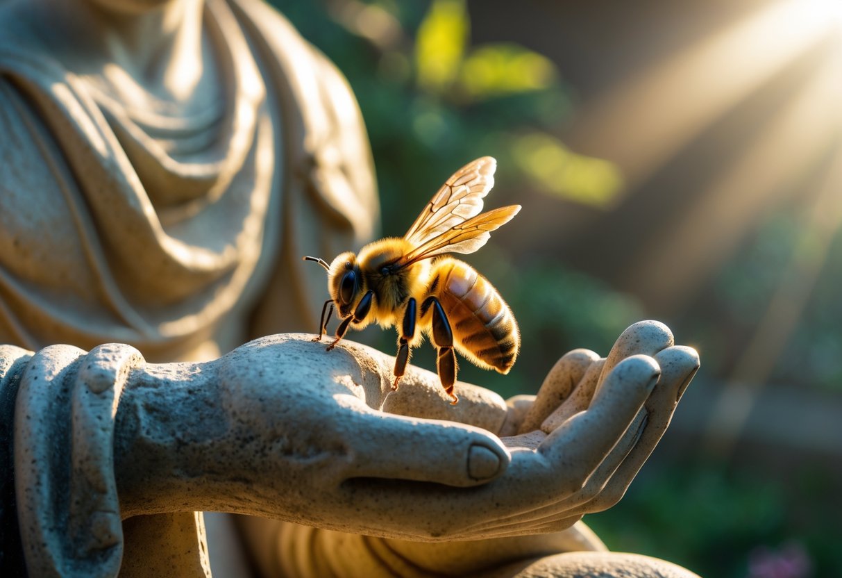 A close-up of a golden bee resting on the hand of an ancient stone statue of a god in a garden.