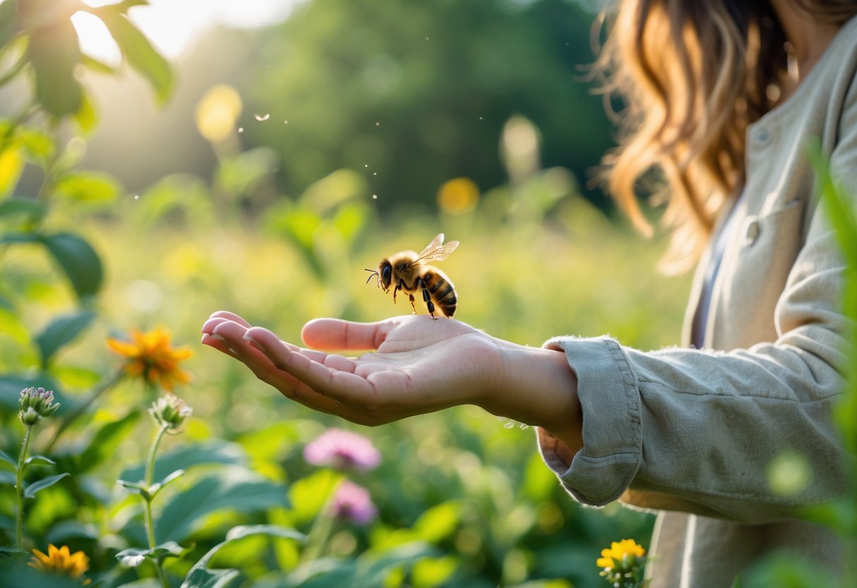 A person outdoors with a bee flying close to their hand in a garden setting.