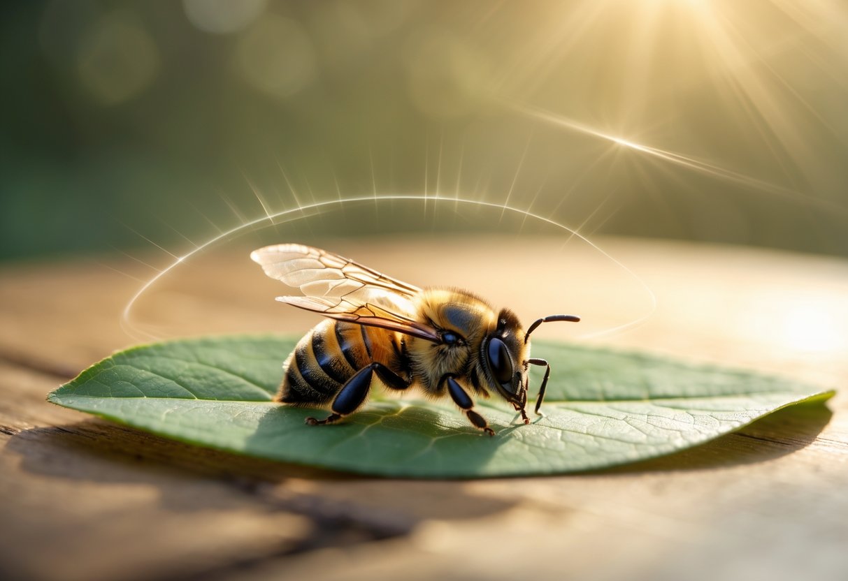 A close-up of a dead bee resting on a natural surface with soft light and a blurred background.