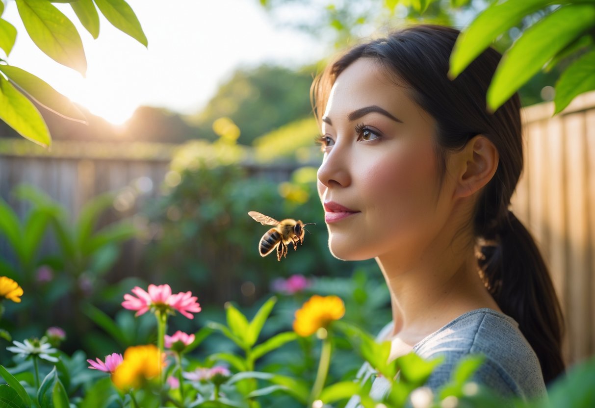 A person outdoors in a garden with a bee flying near their face surrounded by plants and flowers.
