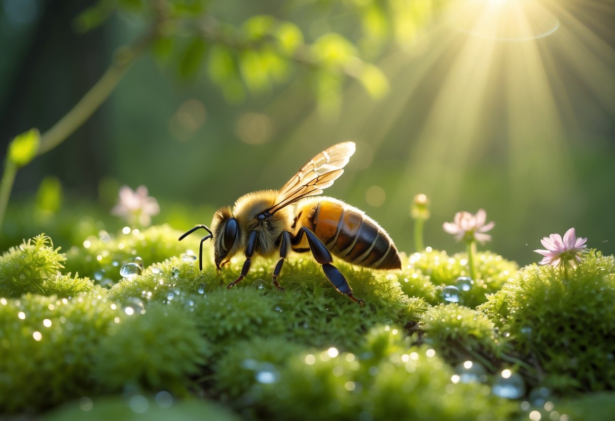 A dead bee resting on green moss surrounded by wildflowers and soft sunlight in a forest setting.