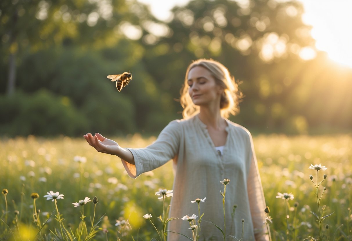 A person standing in a sunlit meadow with a honeybee hovering near their outstretched hand.