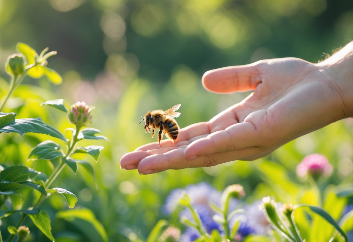 A person calmly observing a bee hovering near their open hand in a garden with green plants and flowers.