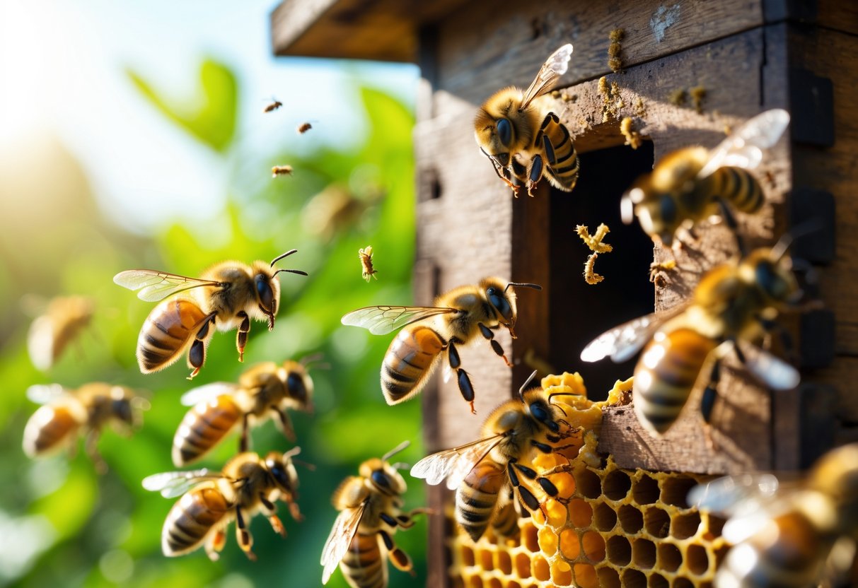 Close-up of several honeybees flying around the entrance of a beehive in bright daylight surrounded by green foliage.