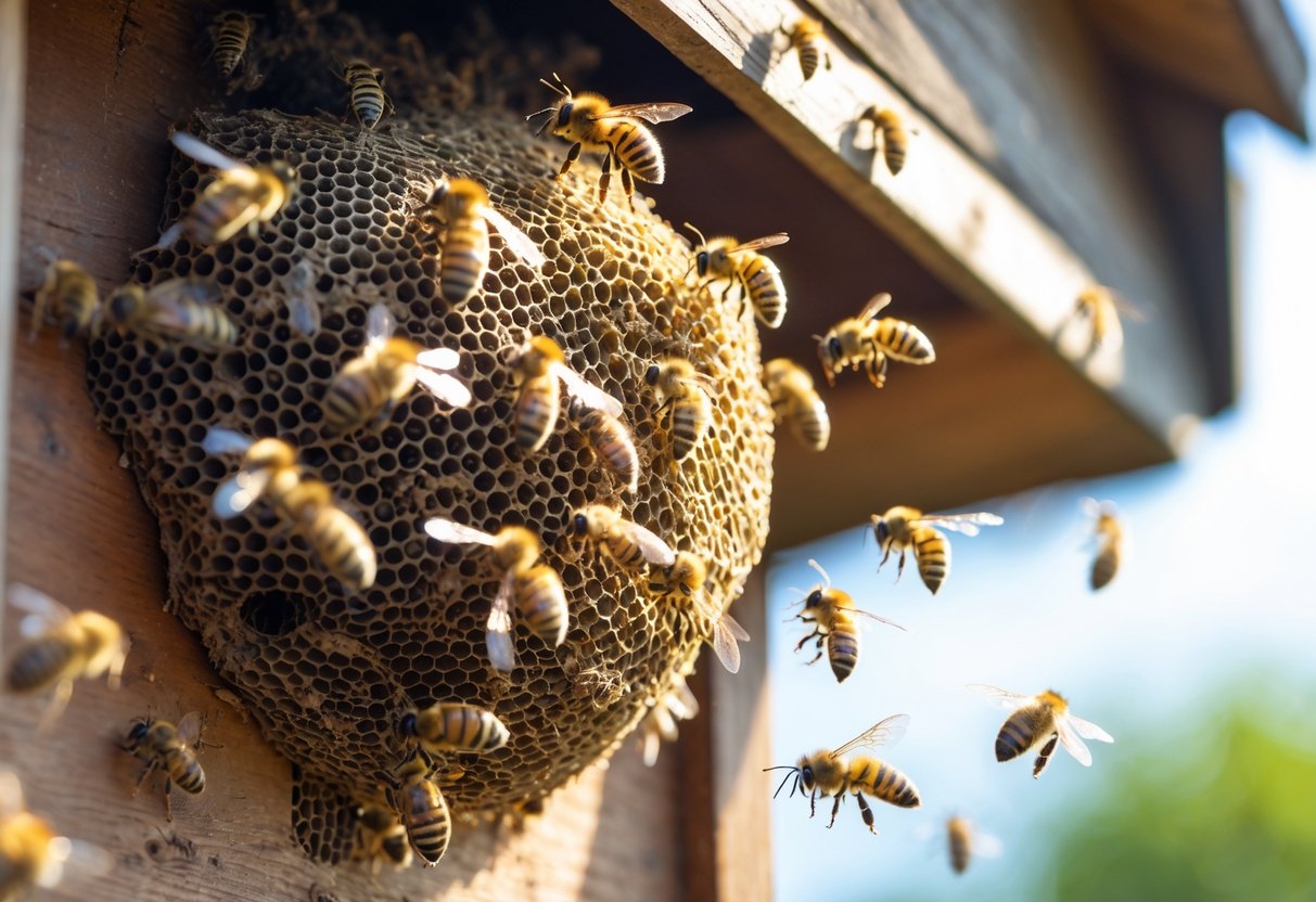 Close-up of a honey bee nest with bees flying around it on a wooden surface outdoors.