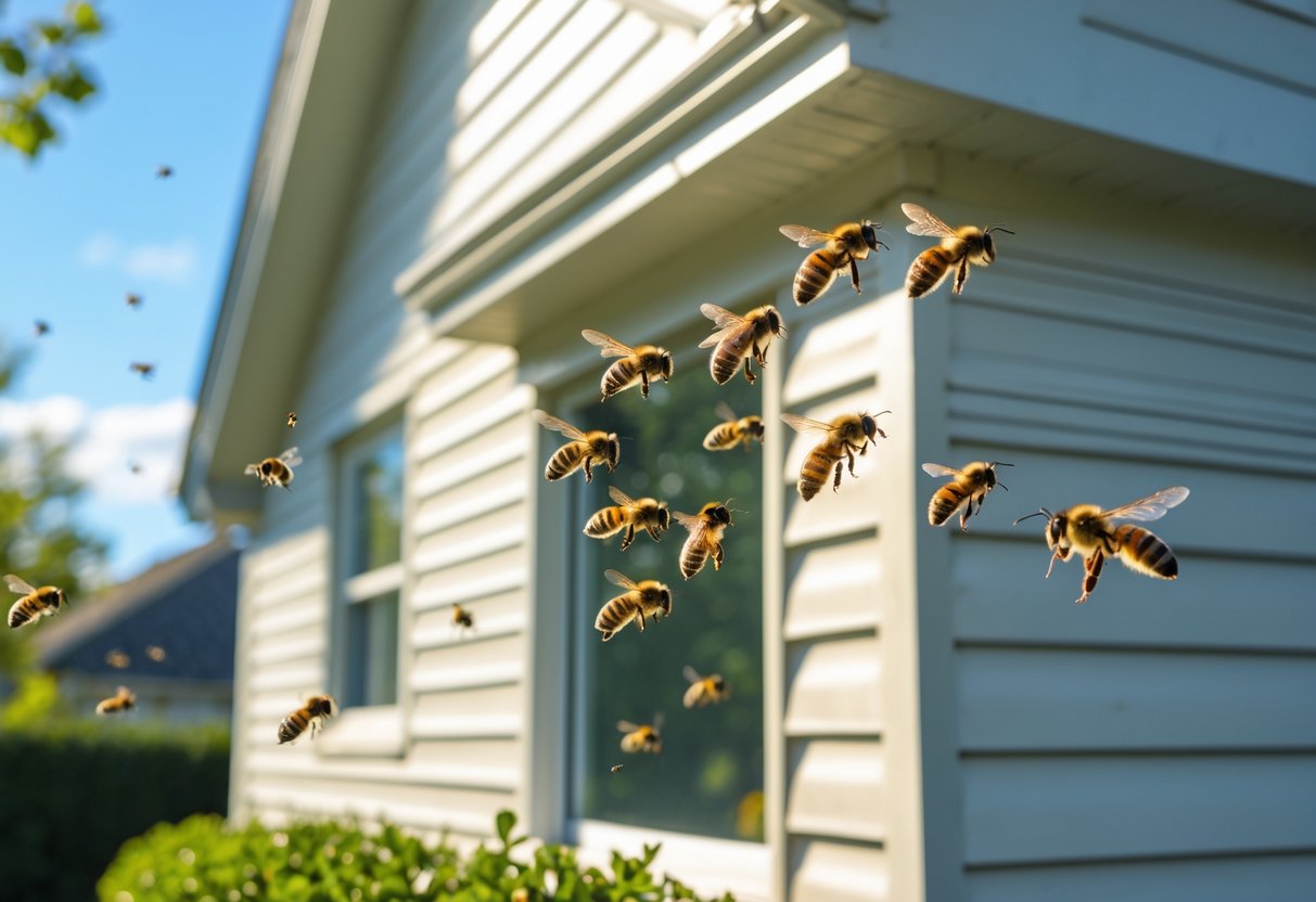 Bees flying near the exterior wall of a suburban house with a window and greenery in the background.