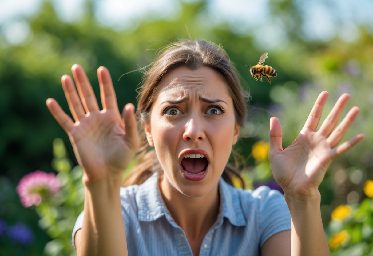 A woman outdoors waving her hands frantically to shoo away a bee flying near her face.