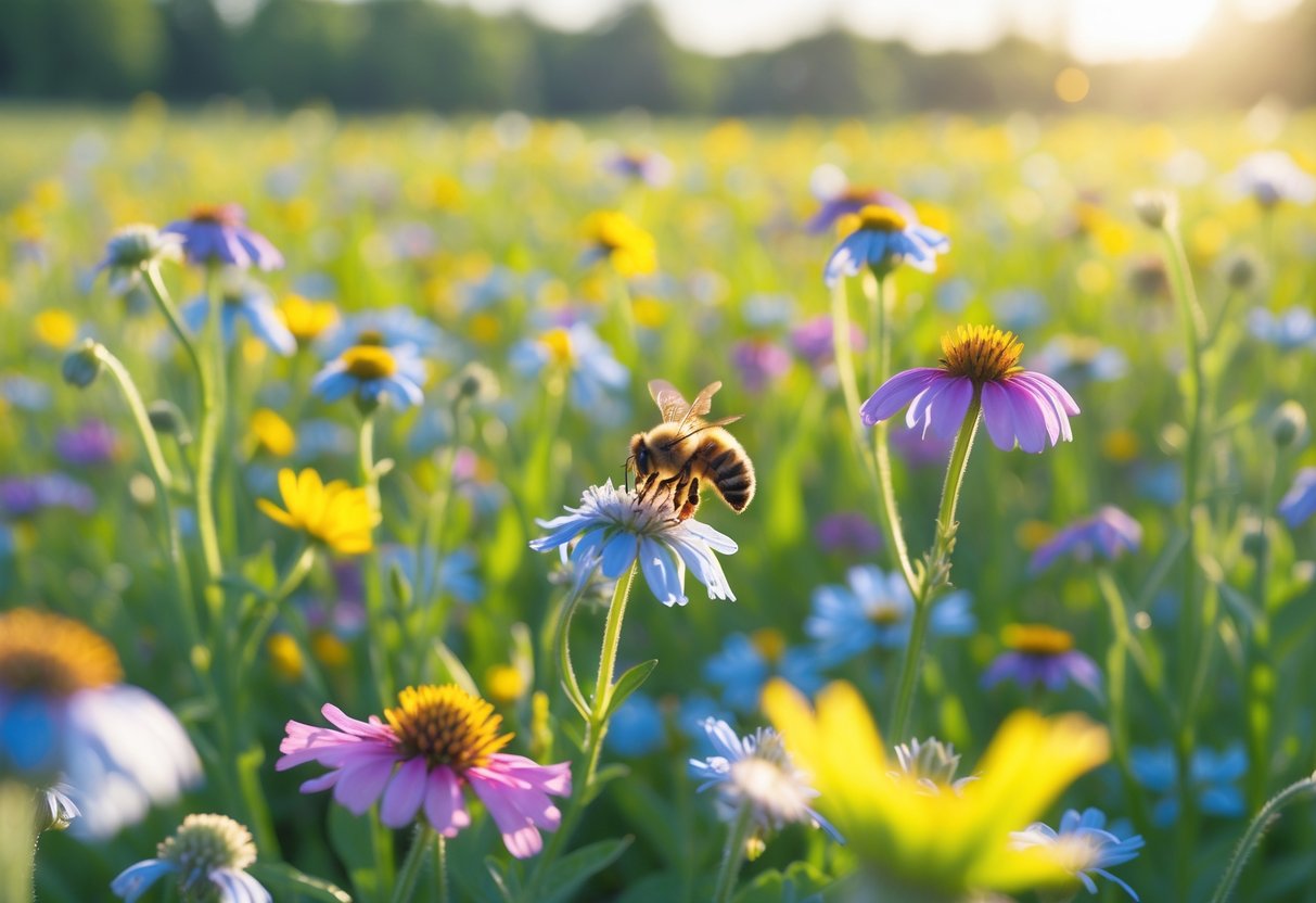 Bees pollinating colorful wildflowers in a sunny meadow with green grass and trees in the background.