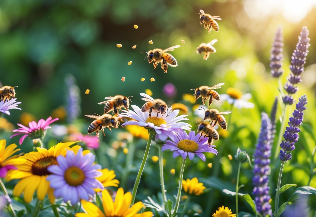 Close-up of bees pollinating flowers in a sunlit garden with green foliage in the background.