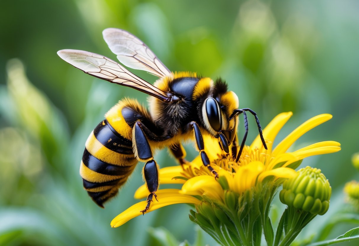 Close-up of a killer bee on a yellow flower with green foliage in the background.