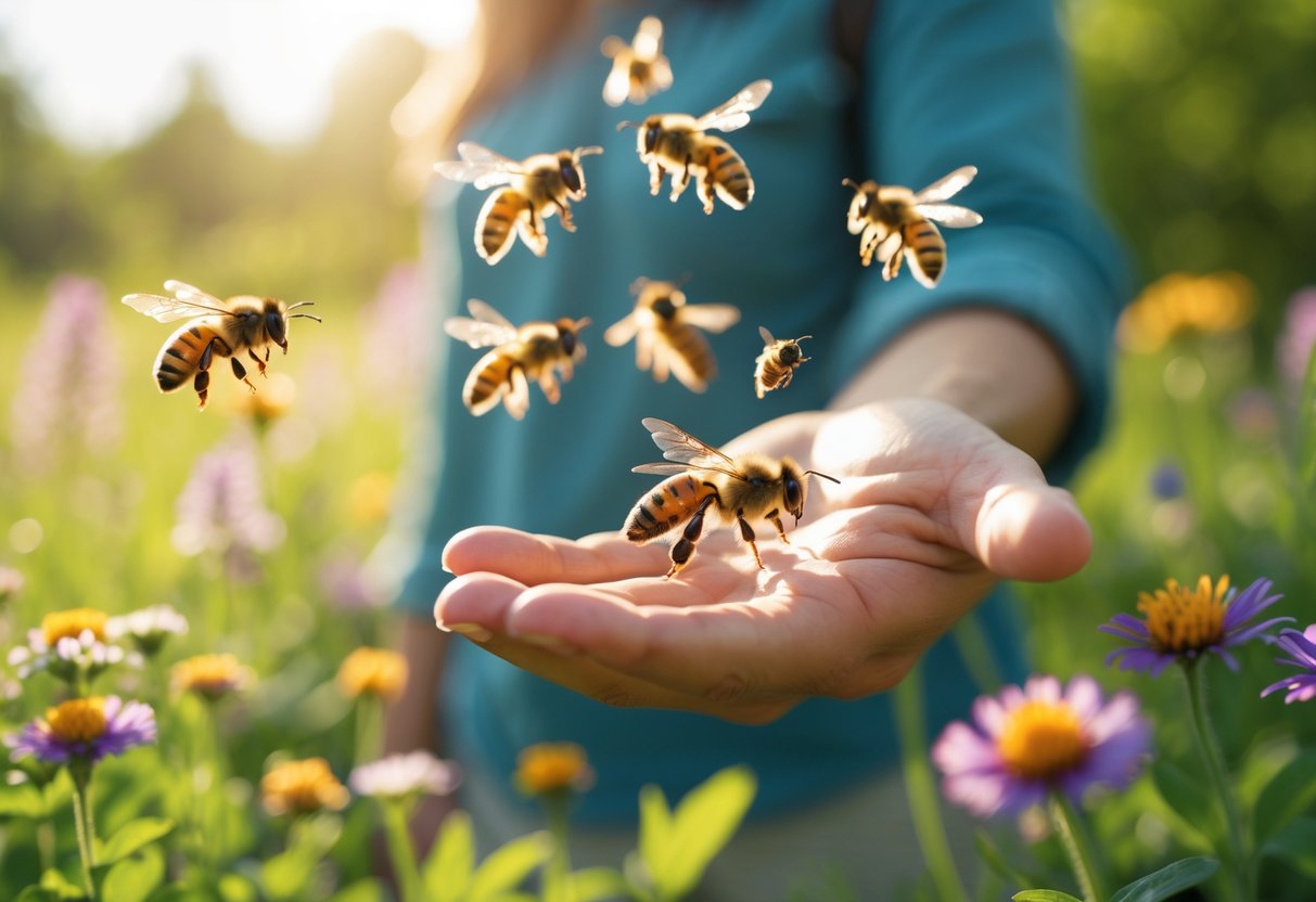 A person standing in a garden with bees flying around their outstretched hand and nearby flowers.
