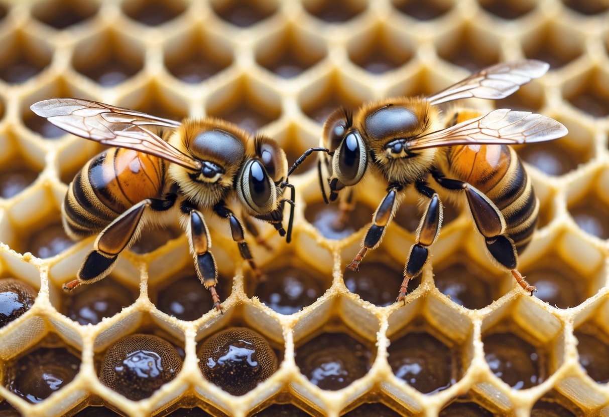 A close-up of a queen bee and a worker bee side by side on a honeycomb, showing their size and body differences.