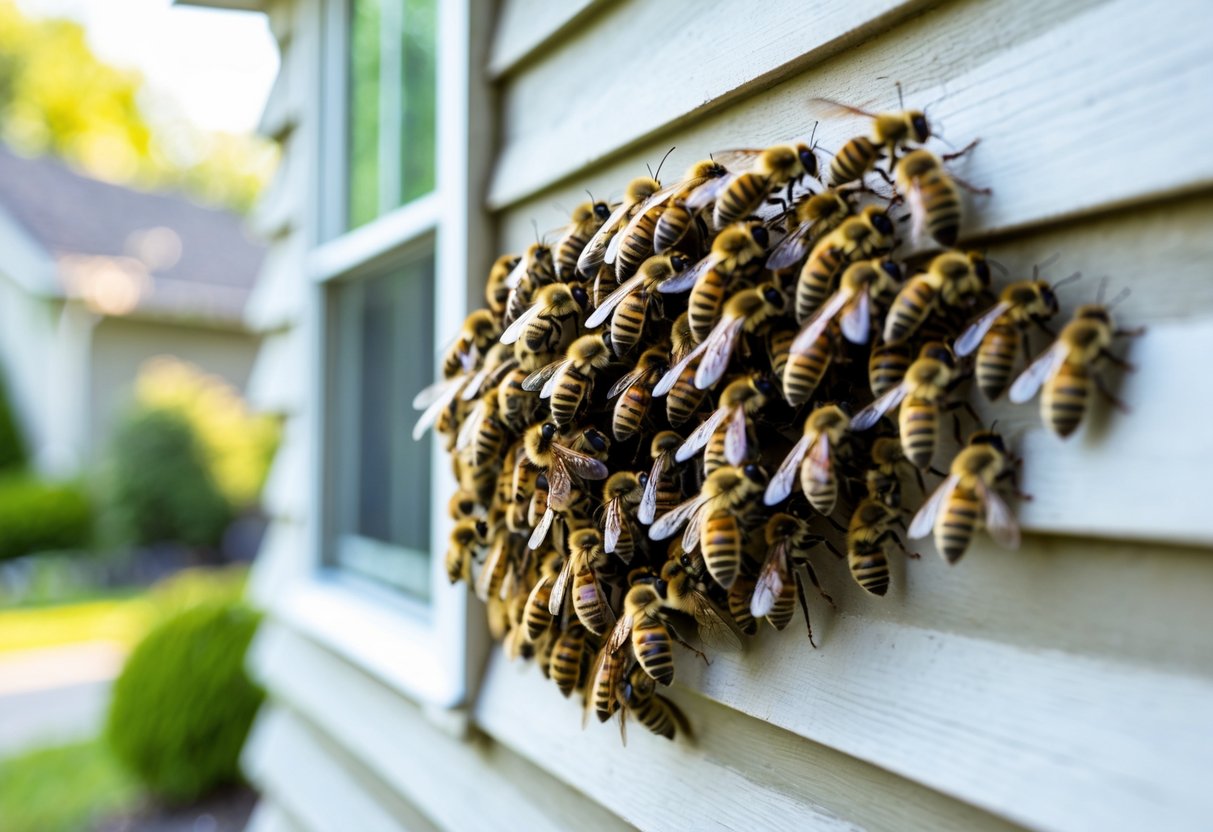 A swarm of bees clustered on the exterior wall of a house near a window with some bees flying around.