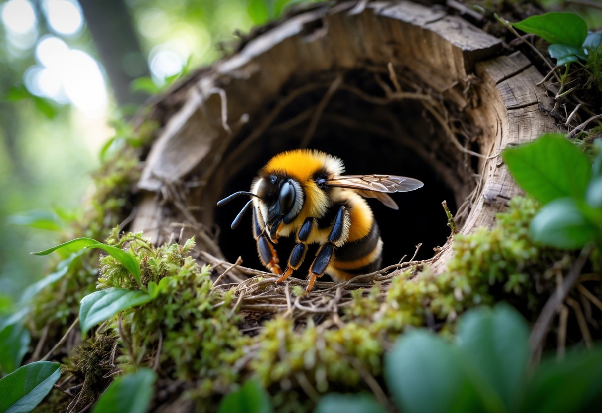 A queen bumblebee leaving a nest in a tree trunk surrounded by green leaves.