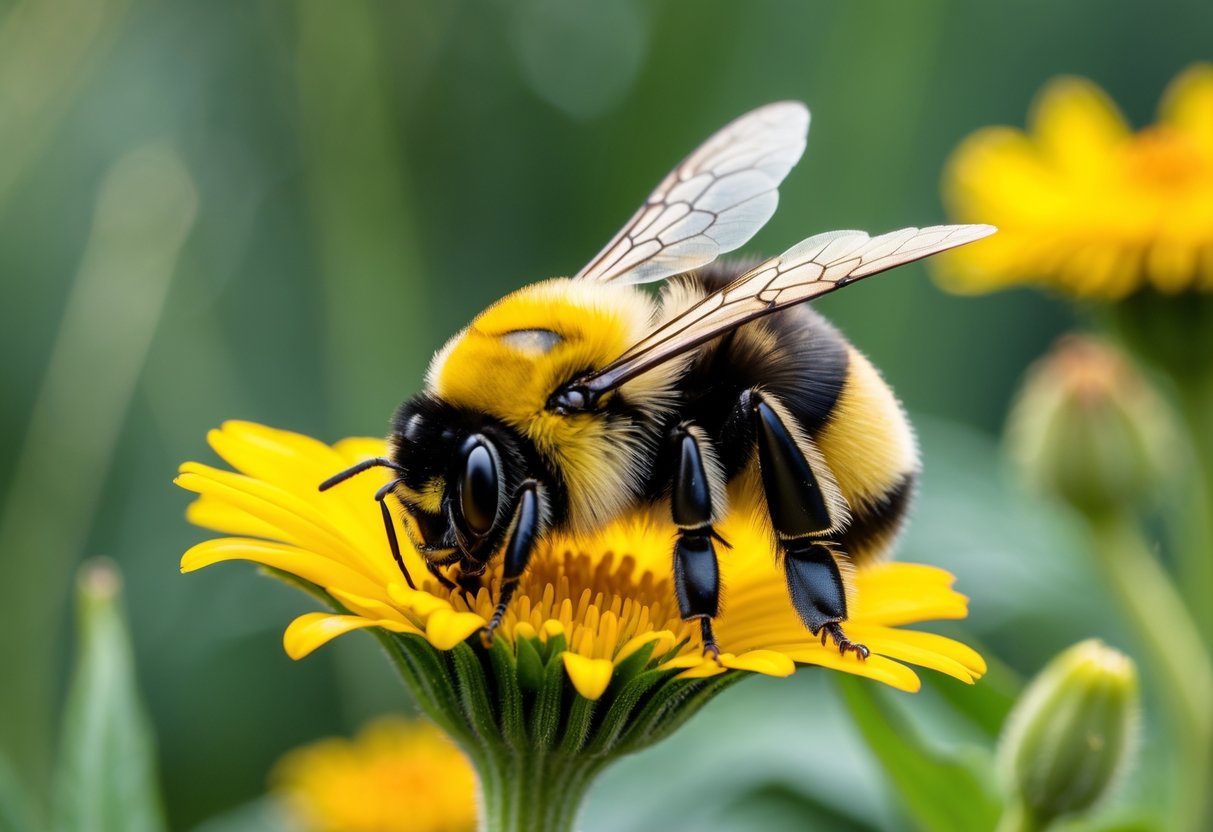 Close-up of a queen bumblebee resting on a yellow flower with green foliage in the background.