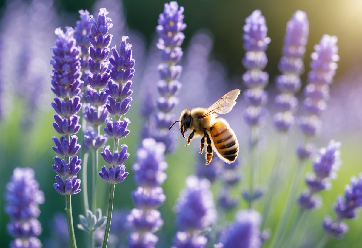 A honeybee flying near blooming lavender flowers in a garden.