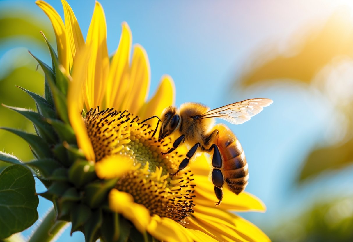 A honeybee sitting on a yellow sunflower with green leaves and a blue sky in the background.