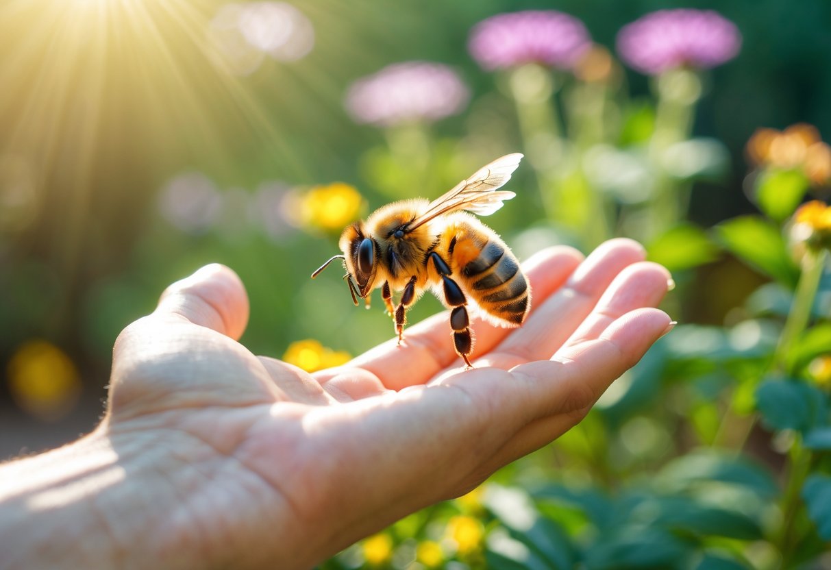 A honeybee landing on a person's open hand surrounded by flowers and greenery.