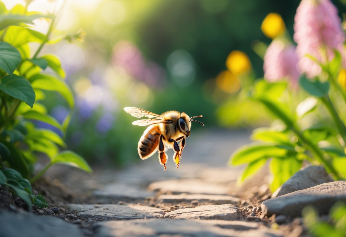 A close-up of a bee flying over a sunlit garden path with green plants and flowers in the background.