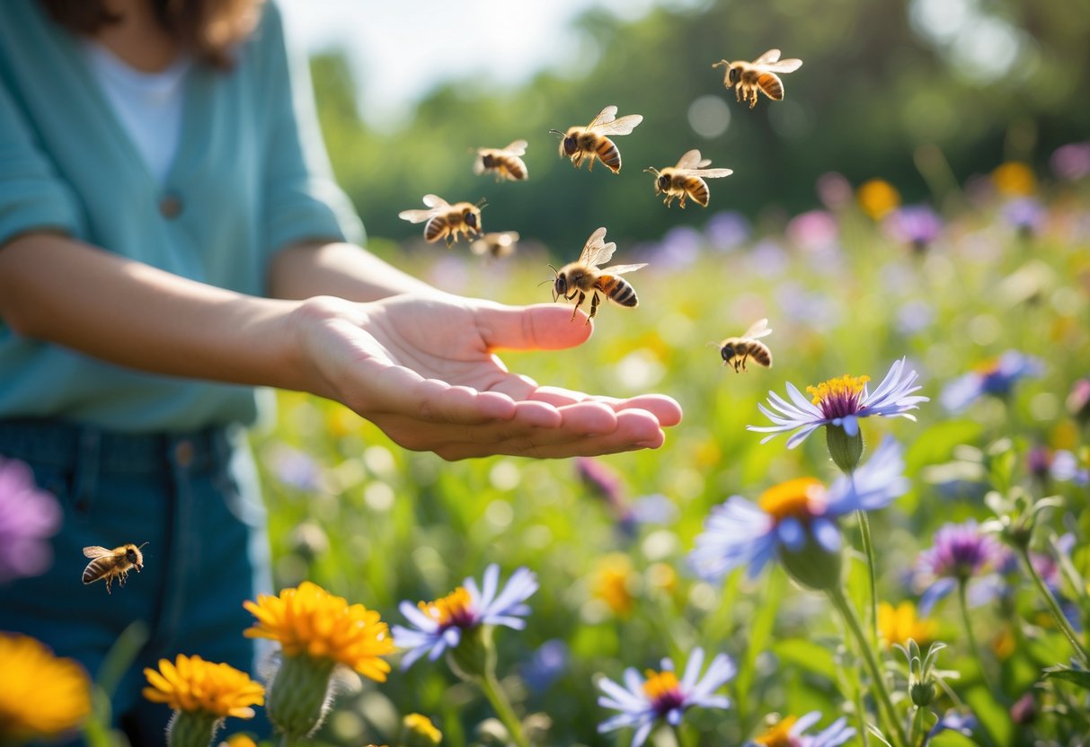 A person outdoors in a garden with bees hovering around their hand and nearby flowers.