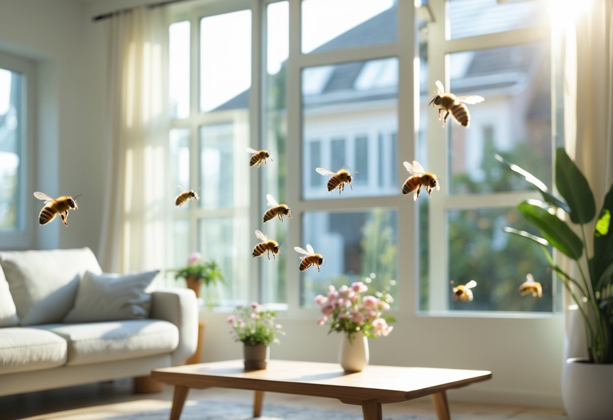 Living room with bees flying near an open window and flowers on a coffee table.
