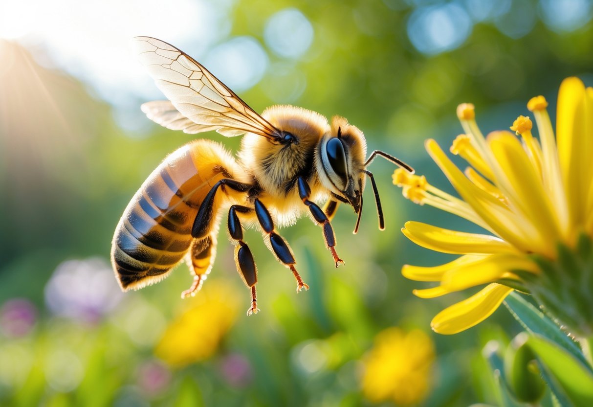 A honeybee hovering near a yellow flower in a sunlit garden.