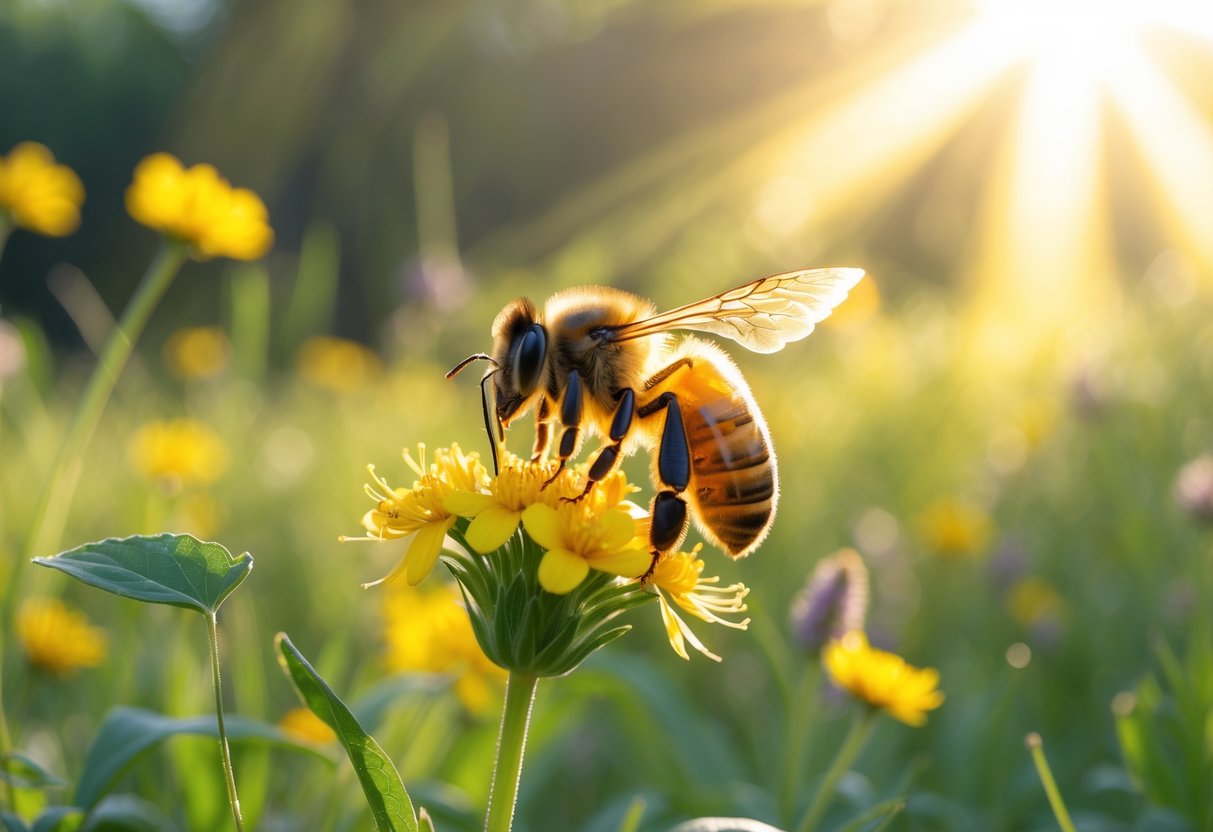 A honeybee resting on a yellow flower in a sunlit meadow surrounded by wildflowers and greenery.