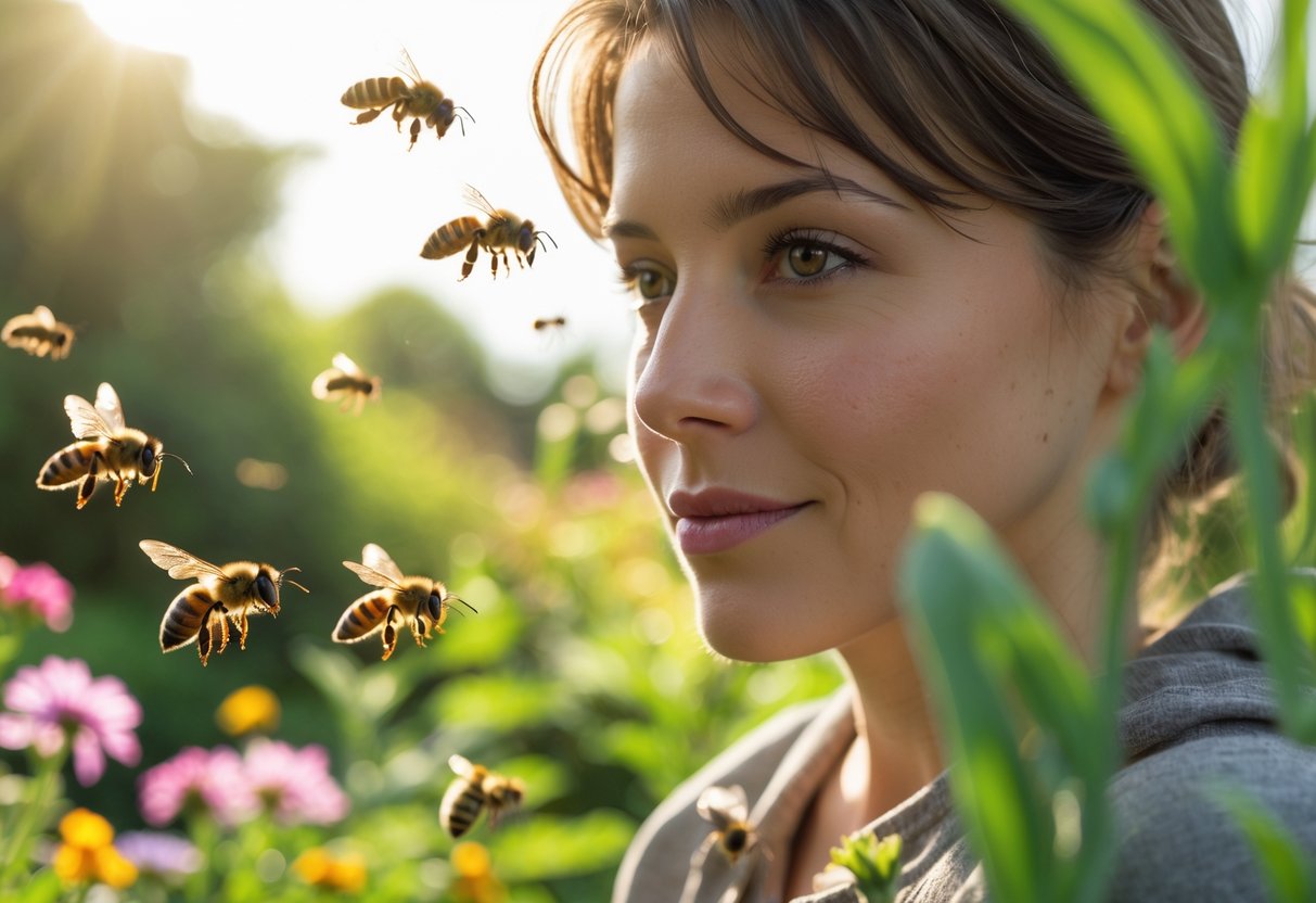 A person outdoors in a garden with several bees hovering around them.