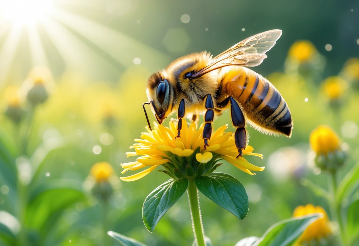 A close-up of a honeybee on a yellow flower in a sunlit meadow with green plants in the background.