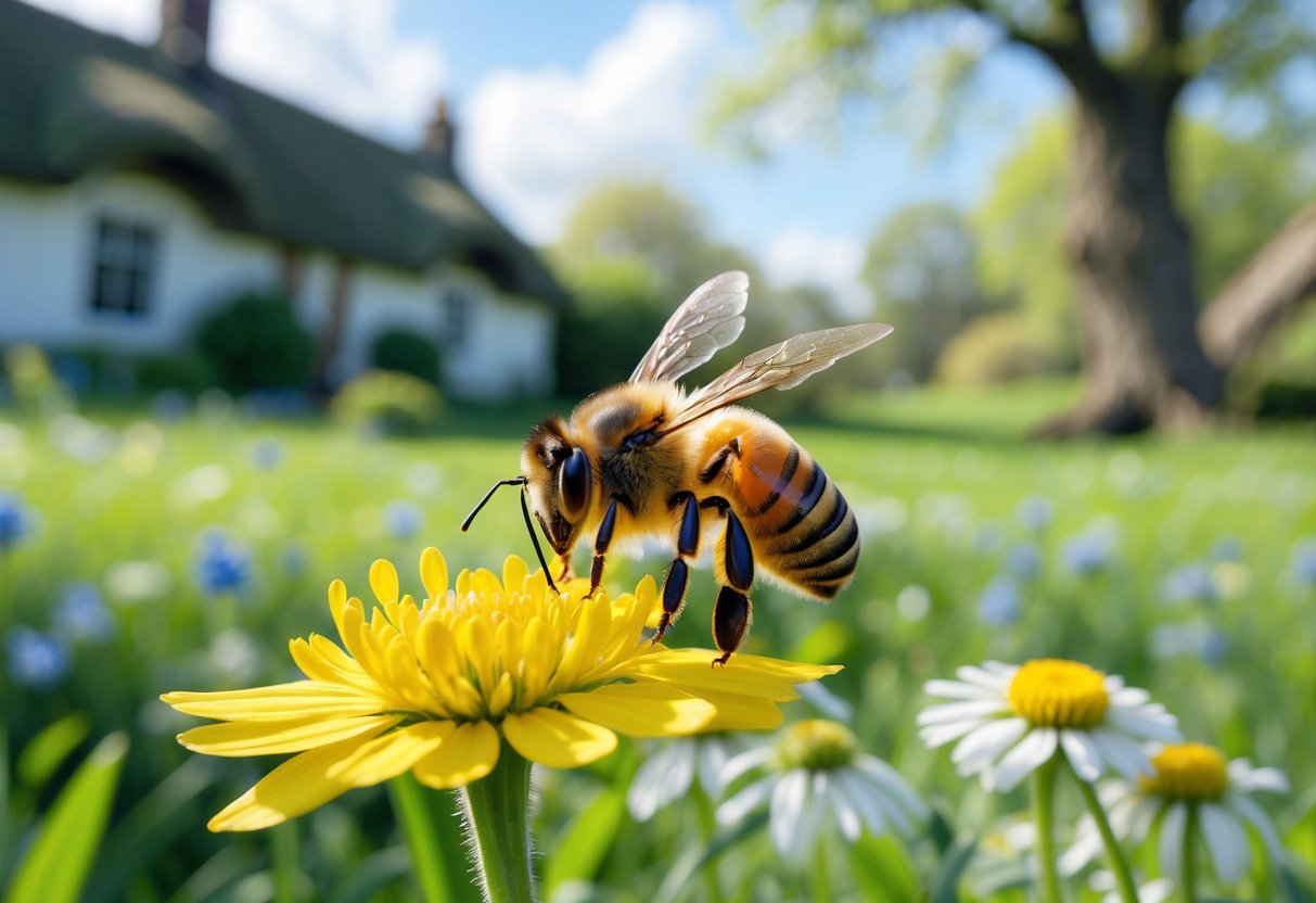 A honeybee resting on a yellow wildflower in a green English countryside with cottages and trees in the background.