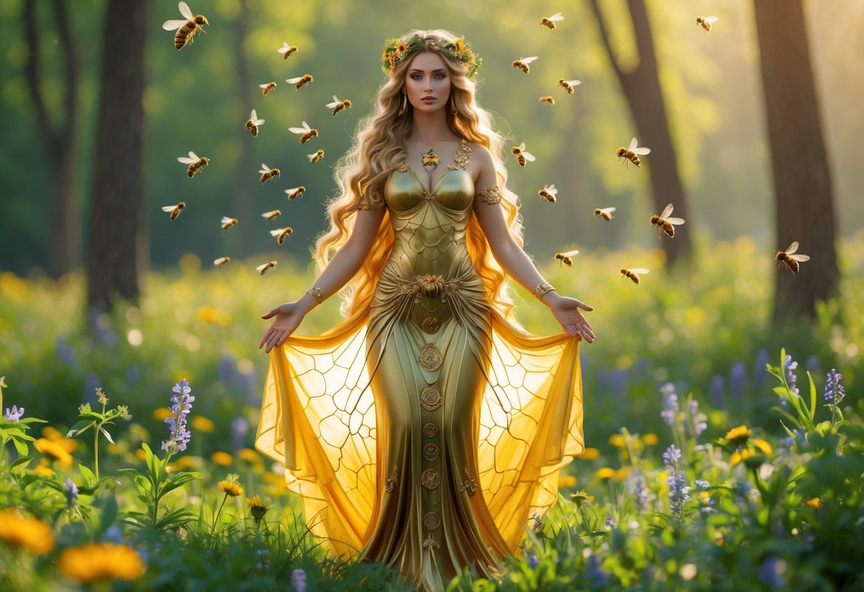 A woman dressed in a golden gown stands in a sunlit meadow surrounded by flowers and bees hovering around her.