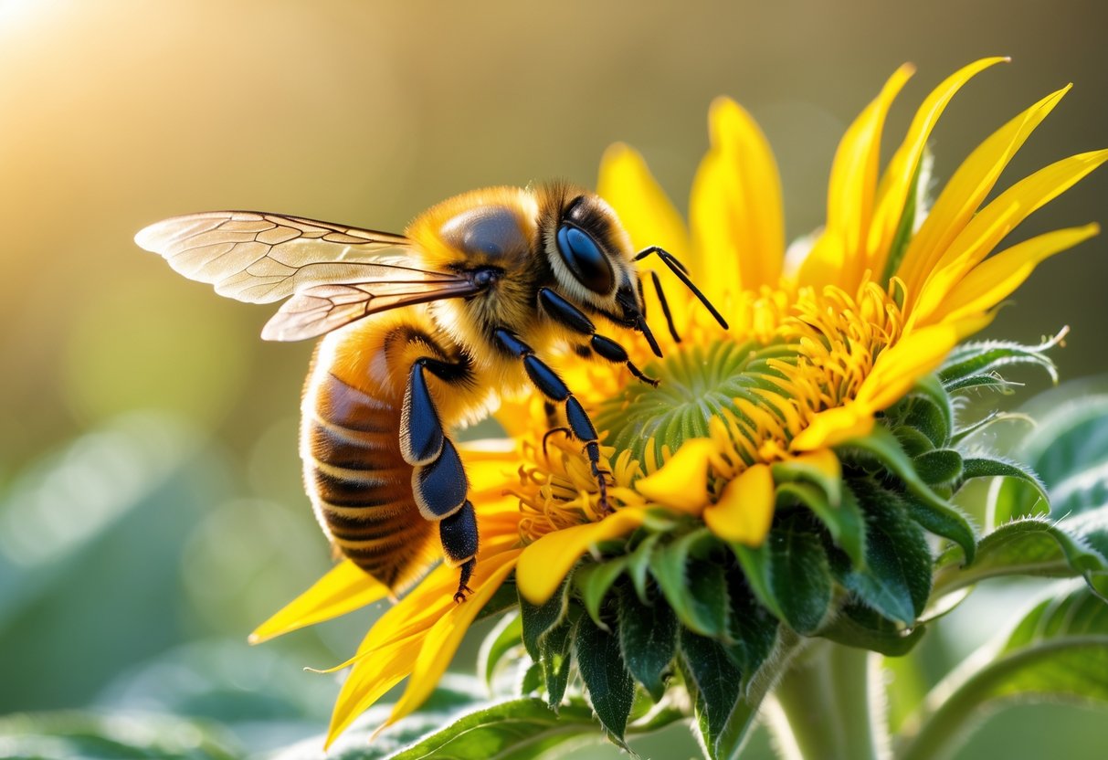 A honeybee collecting pollen from a bright yellow sunflower with green leaves in the background.