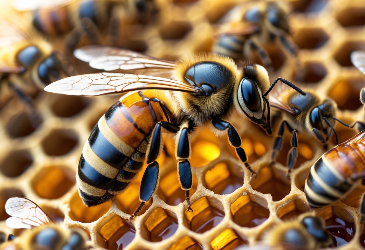 A queen bee sitting on a honeycomb surrounded by worker bees inside a beehive.