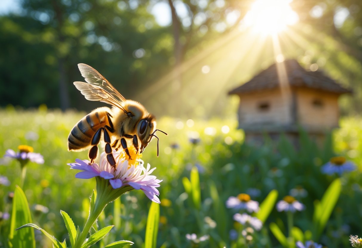 A close-up of a honeybee collecting nectar from a flower in a sunlit meadow with a wooden beehive in the background.
