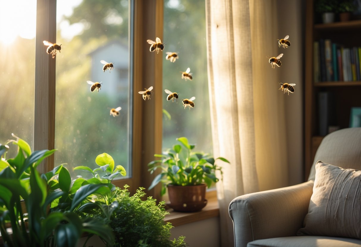 Bees flying near a window and resting on plants inside a cozy living room.