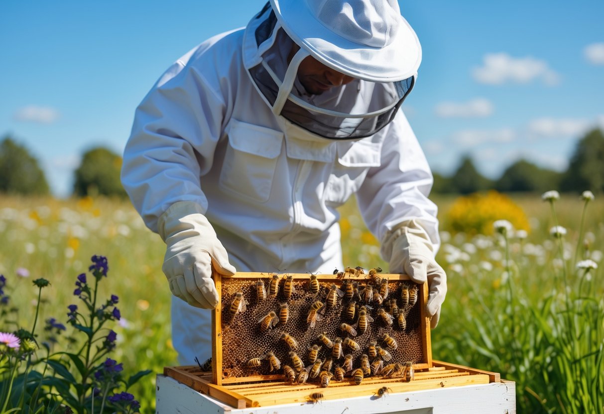 A beekeeper in protective gear holding a wooden frame covered with honeybees near a beehive surrounded by flowers on a sunny day.