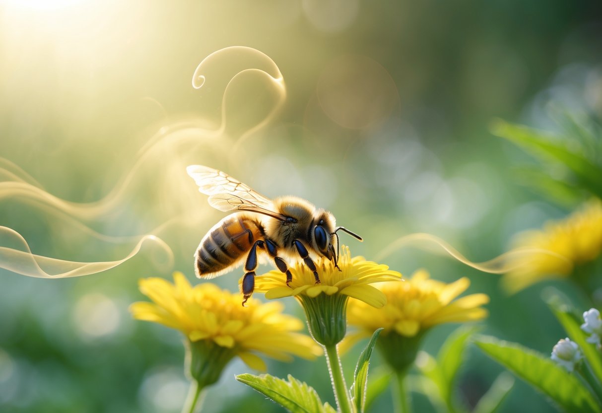 A honeybee resting on a yellow flower surrounded by green leaves in a sunlit garden.