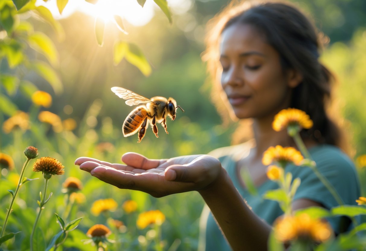 A person outdoors in a garden with wildflowers, holding out their hand as a bee hovers nearby.