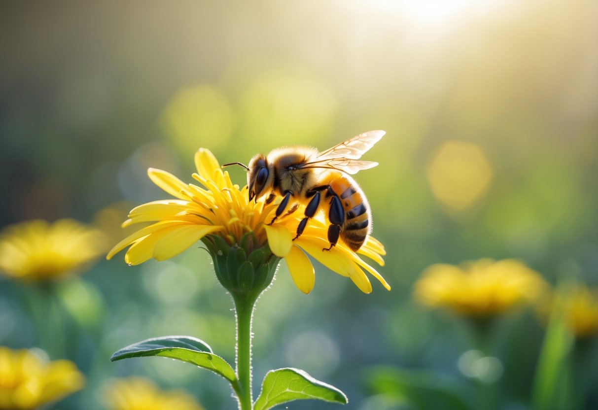 A close-up of a bee resting on a yellow flower with a blurred garden background.