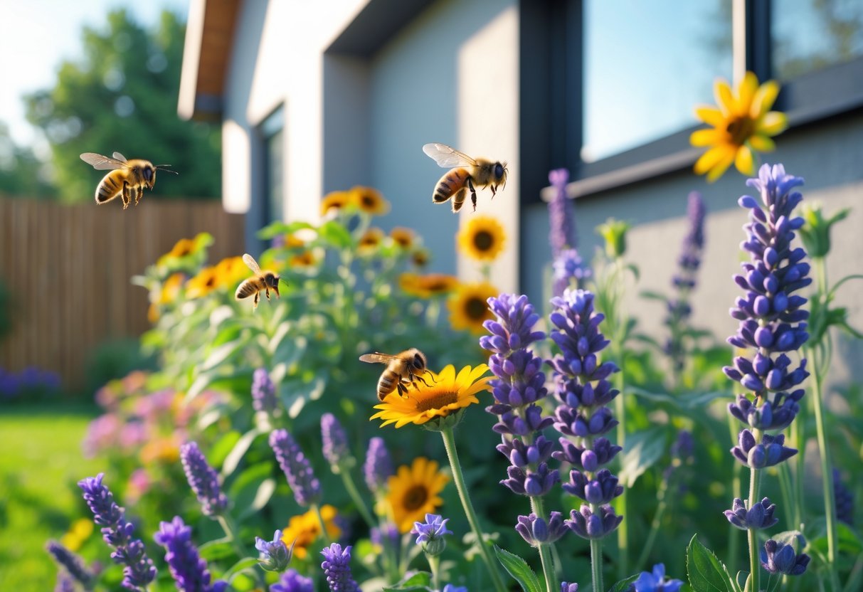 Bees pollinating colorful flowers in a garden near a house.