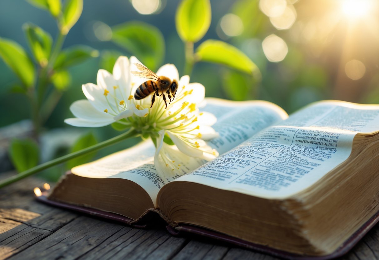 A honeybee on a white flower next to an open Bible on a wooden table with sunlight filtering through leaves.