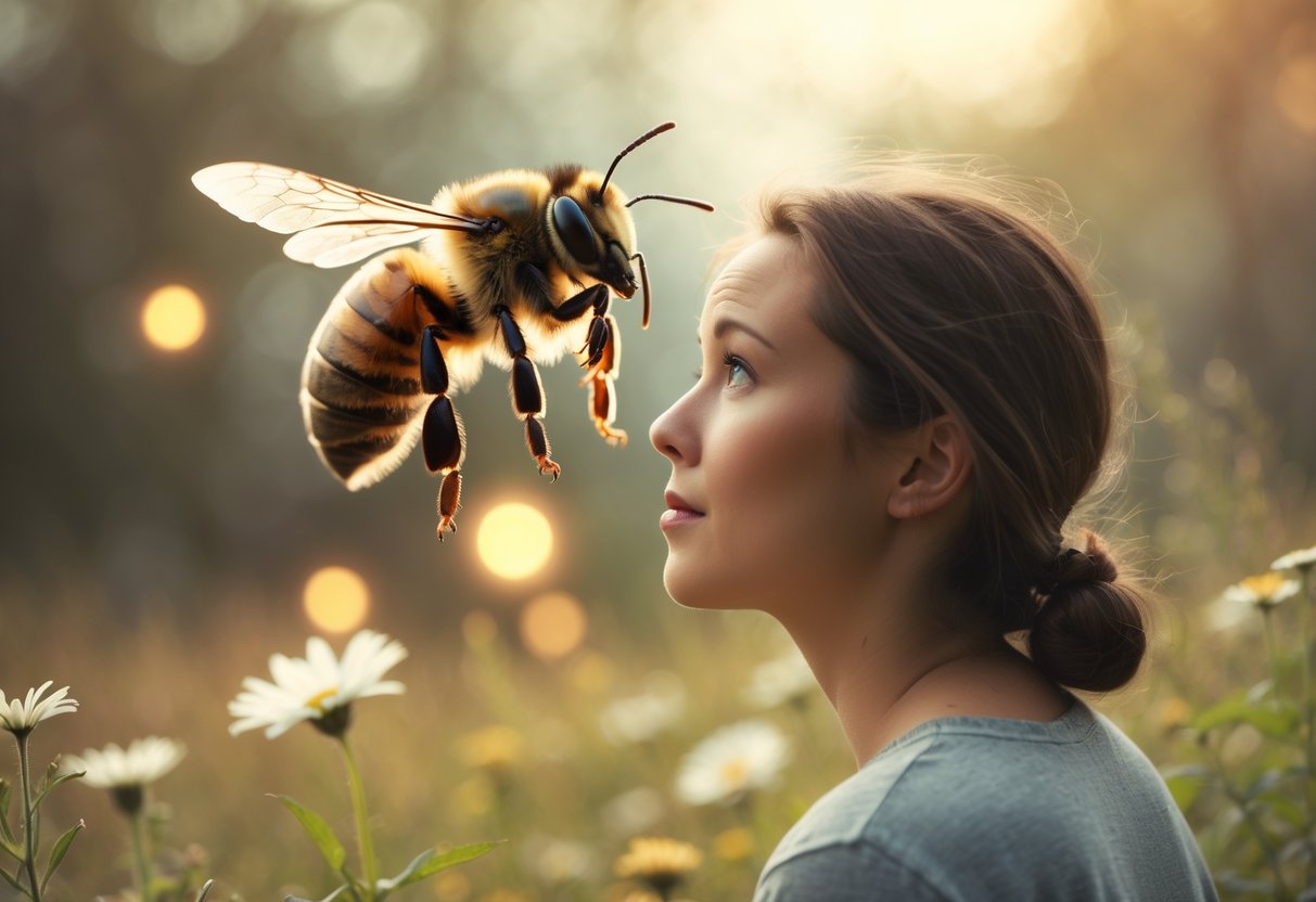 A person outdoors looking over their shoulder as a large bee hovers closely behind them among wildflowers.