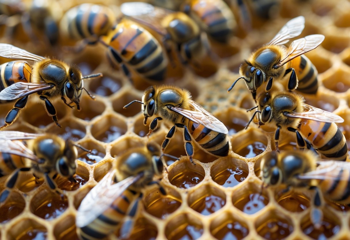 Close-up of a beehive with worker bees clustered around an empty or lifeless spot where the queen bee would be, showing honeycomb and larvae inside the hive.