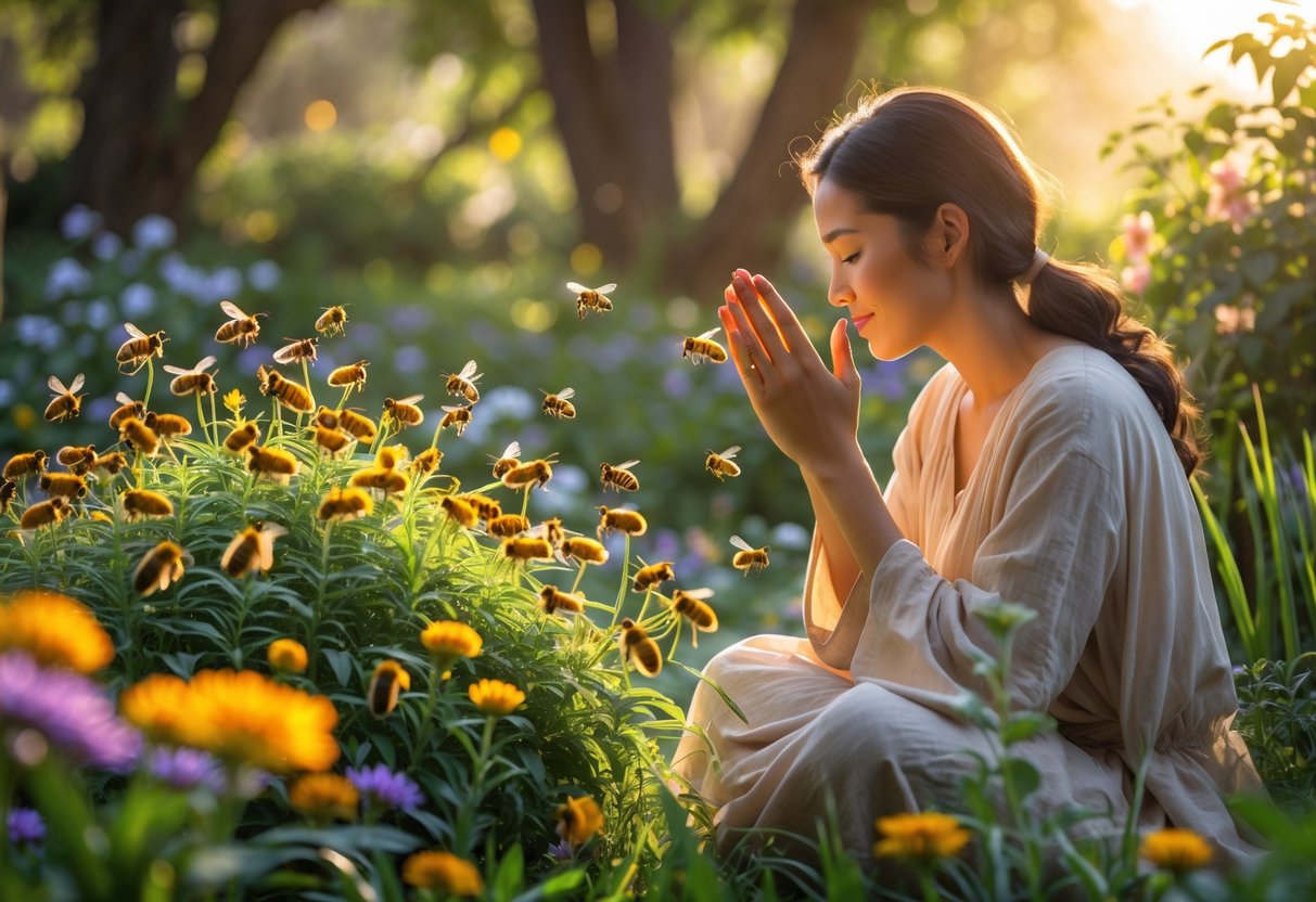 A person gently whispering to honeybees on blooming flowers in a sunlit garden.