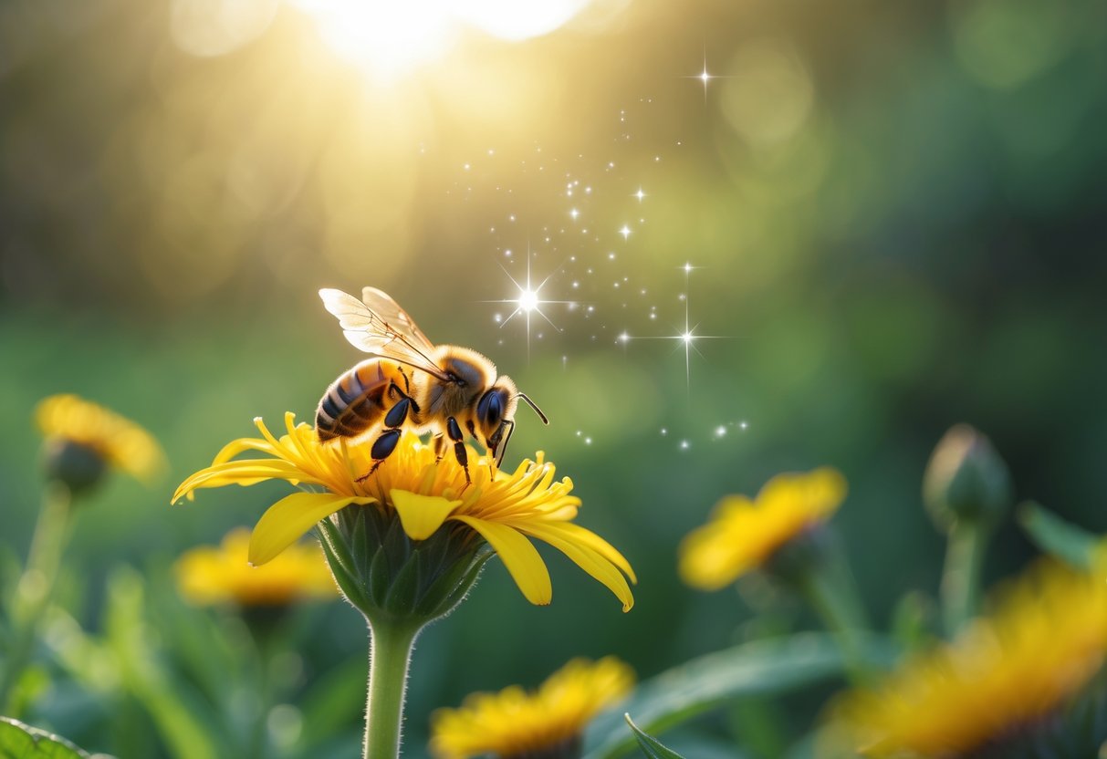 A honeybee resting on a yellow flower in a sunlit natural setting with green foliage in the background.