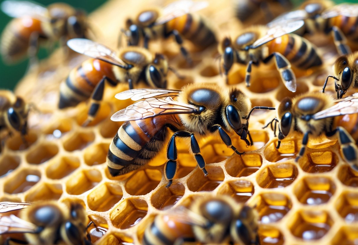 A queen bee resting on a honeycomb inside a beehive surrounded by worker bees.