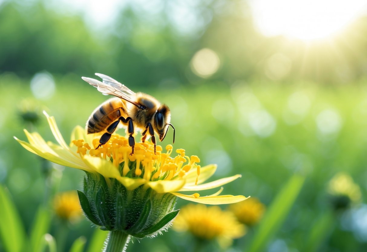A honey bee sitting on a yellow flower in a green meadow.