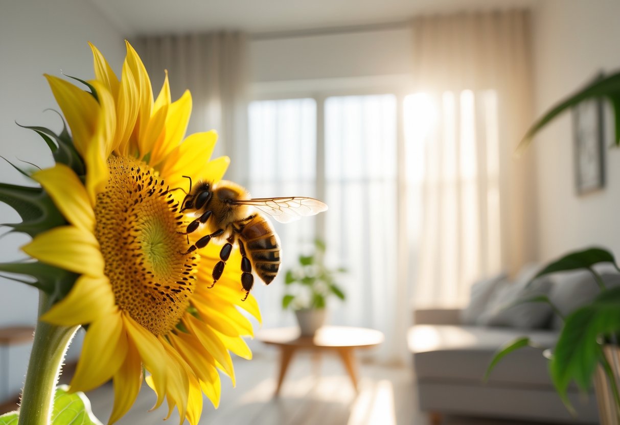 A honeybee resting on a sunflower inside a sunlit living room with a wooden table and a potted plant.