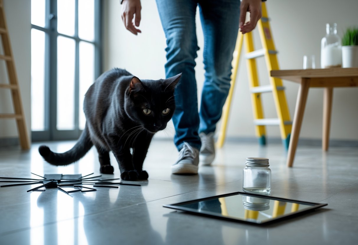 A person cautiously stepping over a black cat with a broken mirror and spilled salt nearby, with a ladder in the background.